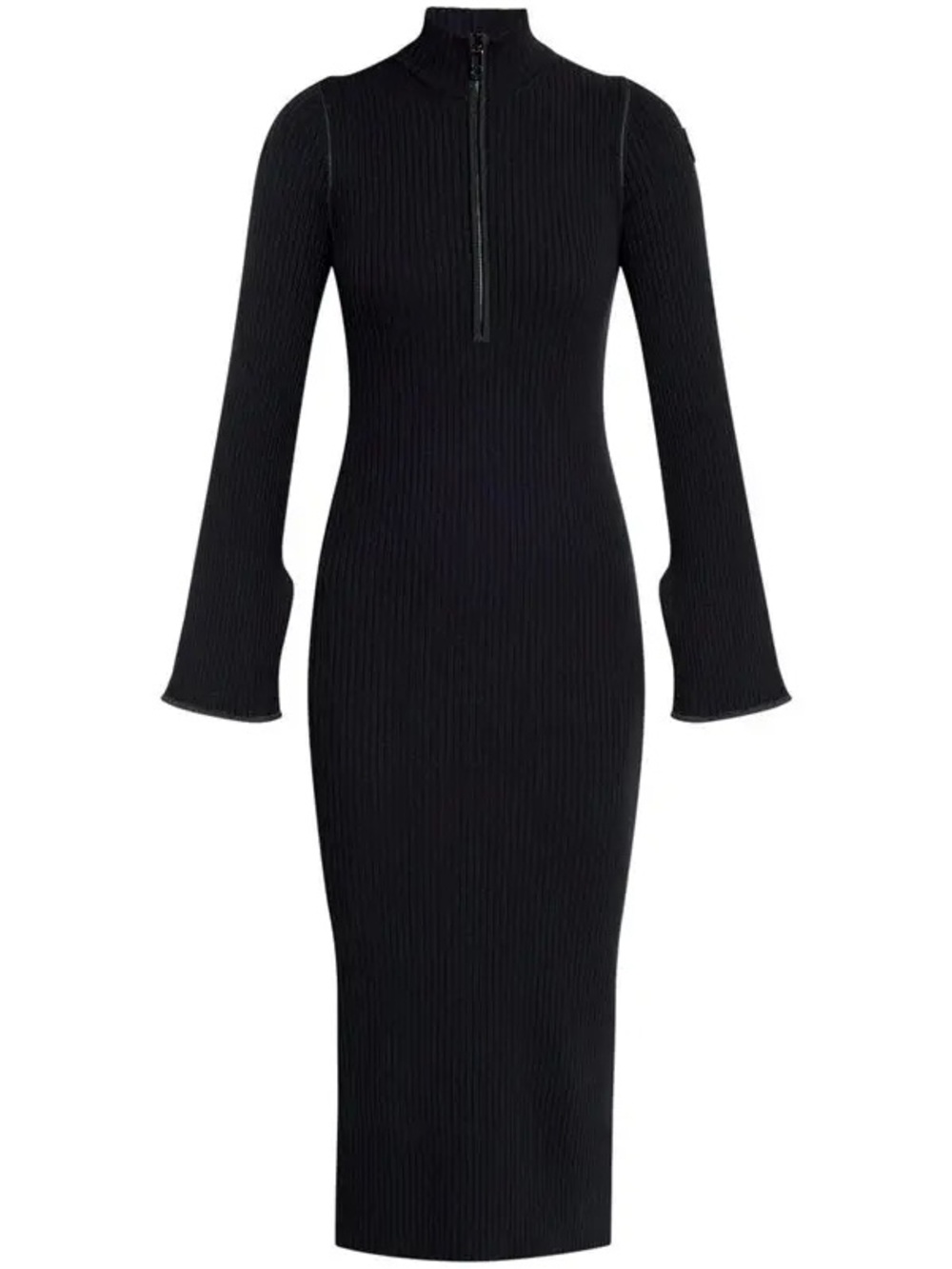 Moncler XL Black Ribbed Long-Sleeve Midi Dress with Zip Neck
